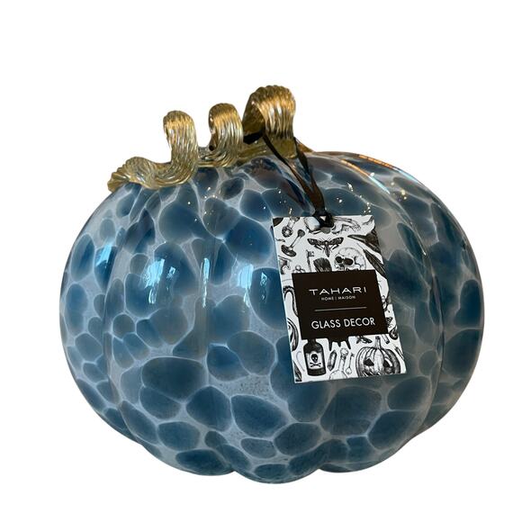 TAHARI Hand Blown Art Glass Pumpkin Blue Spotted Amber Stem Chic Fall Decor NEW - Picture 14 of 16